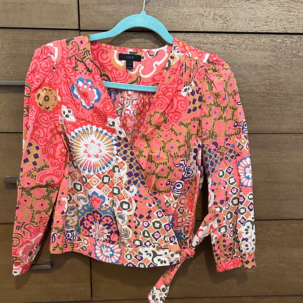 J. Crew Pink and Orange Patterned Wrap Blouse